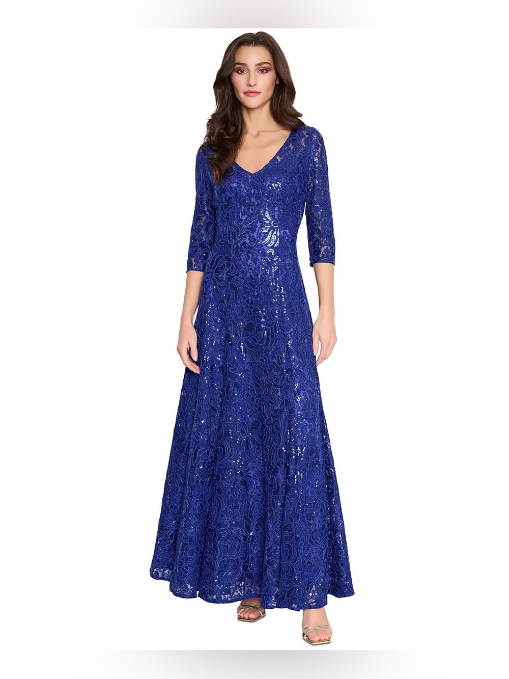 Tahari ASL Cobalt Blue Lace V‑Neck Long Sleeve Evening Gown